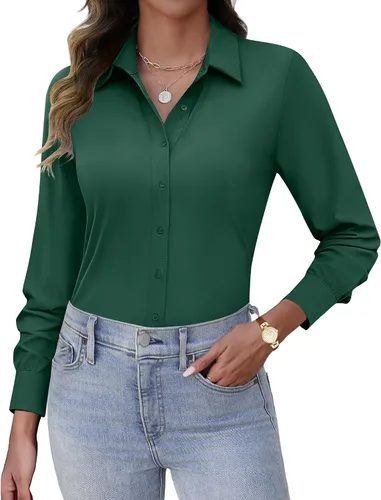 Miniatura 15 de HOTOUCH Camisas con botones para mujer, de manga larga, elásticas, sin arrugas, blusas de trabajo, ajustadas, para la oficina
