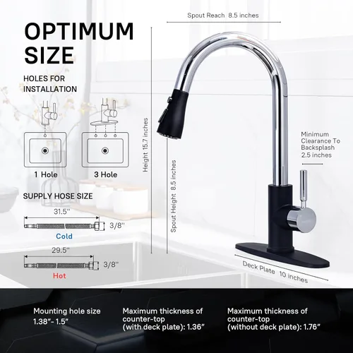 Miniatura 2 de WEWE Grifo de Fregadero de Cocina, Grifo de Cocina Extraíble, Grifo de Cocina Negro y Cromado con Rociador de Acero Inoxidable de Una Sola Manija