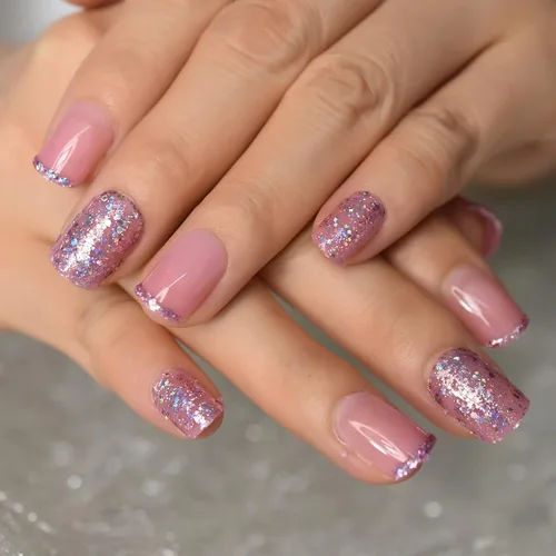 Miniatura 14 de Coolnail - Puntas de uñas postizas de acrílico rosa metálico sexy, strass rosa claro, espejo decorativo brillante, uñas artificiales cortas L5538