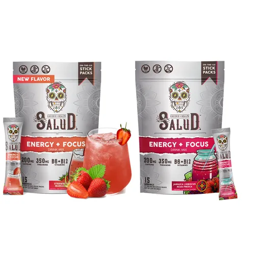Salud - Paquete de 2 | 2 en 1 Energy + Focus (Margarita de fresa) y energía + enfoque (hibisco) – 15 porciones cada una, mezcla de bebida Agua