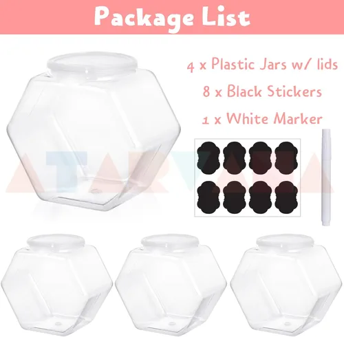 Miniatura 4 de Atarvana Juego de 4 tarros de plástico para caramelos de 72 onzas, recipientes hexagonales para dulces con tapas herméticas para bufé de dulces