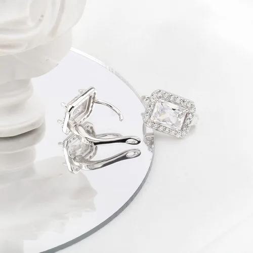 Miniatura 5 de White Gold Plated 925 Sterling Silver Small CZ Halo Huggie Hoop Earrings Rectangle