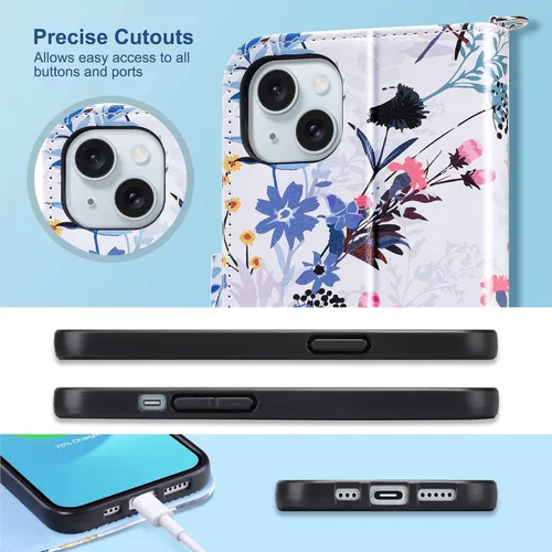 Miniatura 9 de ULAK Funda tipo cartera compatible con iPhone 15 para mujer, funda tipo cartera de piel PU premium con estampado floral y tarjetero, función
