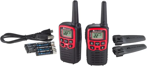 Midland T31VP - Walkie Talkie FRS de 22 canales, radio bidireccional de hasta 26 millas, color rojo/negro (paquete de 6)