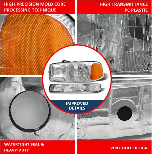 Miniatura 7 de Par de montaje de faros delanteros para GMC Sierra 1999-2006 1500 2500 3500 2000-2006 Yukon lente transparente cromado carcasa ámbar reflector