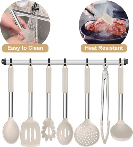 Miniatura 6 de E-far Juego de utensilios de cocina de silicona, 7 piezas de utensilios de cocina resistentes al calor con mango de acero inoxidable, espátula Caqui