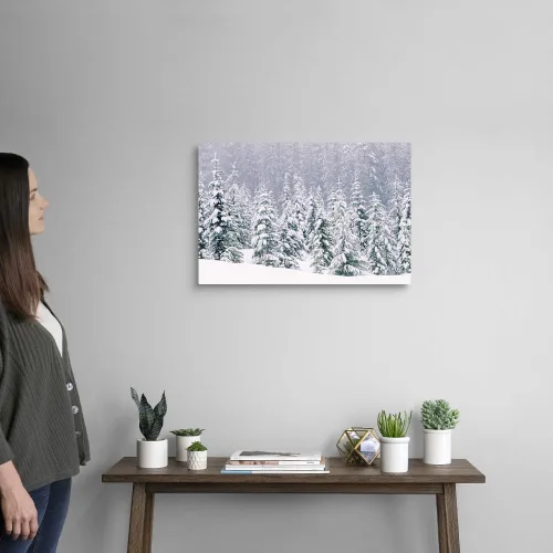 Miniatura 2 de CANVAS ON DEMAND Lienzo de pinos cubiertos de nieve, arte de árbol escandinavo, decoración del hogar de esquí, fotografía de bosque de invierno, 24