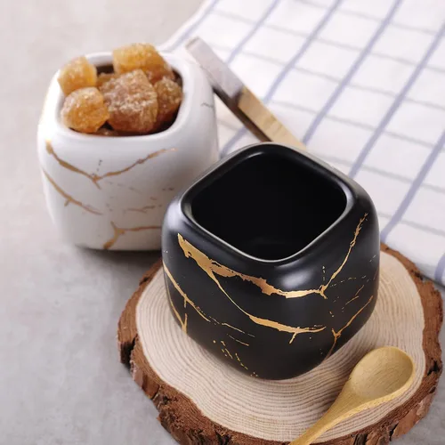 Miniatura 6 de VanEnjoy Recipientes de cerámica con patrón de mármol decorativo para azúcar y especias, tarro de porcelana con tapa y cuchara de bambú, recipiente