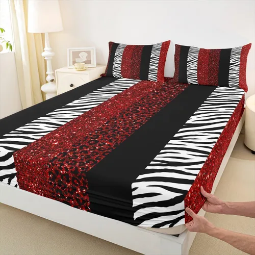 Miniatura 12 de Sábana bajera ajustable para niños, tamaño individual, diseño de cebra y leopardo con purpurina, decoración de habitación para niñas y mujeres, A1