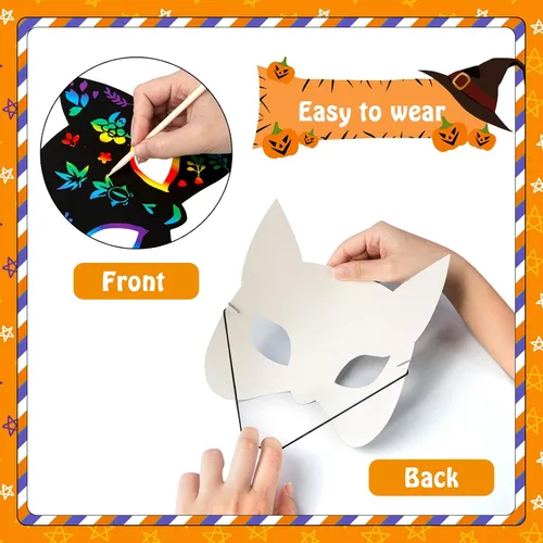 Miniatura 4 de MGparty Juego de 24 máscaras de rascar de Halloween para manualidades, arte de papel mágico para niños, actividades en el aula, recuerdos de fiesta