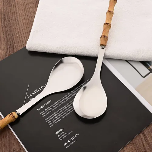 Miniatura 7 de Juego de 2 cucharas de servir de acero inoxidable de 10.0 pulgadas con mango de bambú natural, grandes utensilios plateados para servir, cucharón