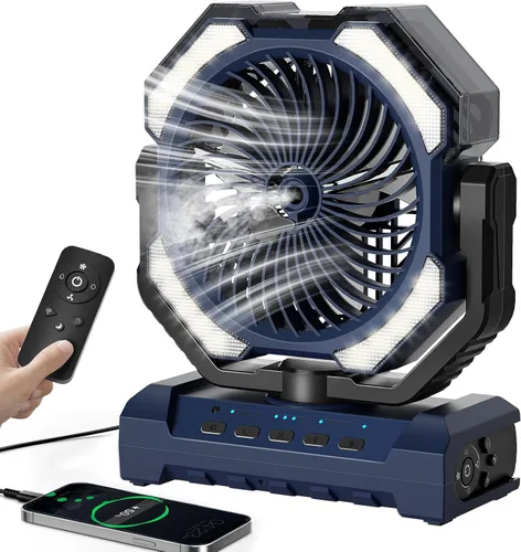 Miniatura 8 de Ventilador de Neblina Portátil de 20000mAh, Ventilador de Camping Recargable por USB con Luz LED, Operado por Batería para Exteriores, Tiendas