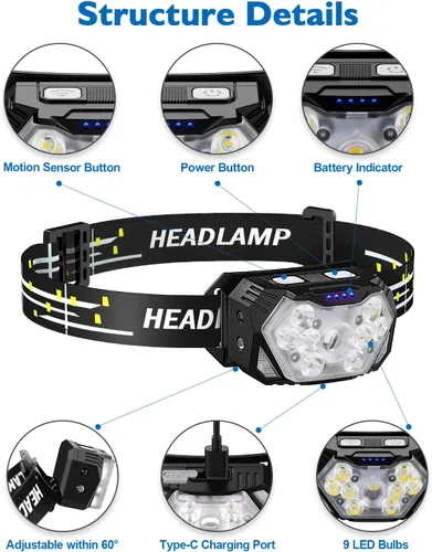 Miniatura 2 de Linterna frontal ultra brillante de 9 LED de 2000 lúmenes, linterna recargable USB C, 10 modos, lámpara de cabeza con sensor de movimiento