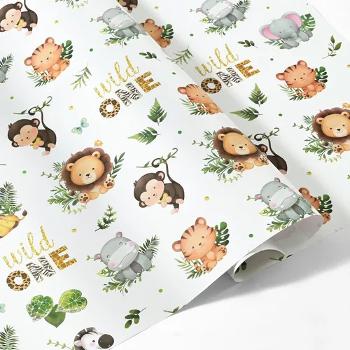 WERNNSAI Papel de Regalo de Animales - 6 Hojas 27.5"x 19.7" Papel de Regalo para Baby Shower Papel de Regalo de Primer Cumpleaños Diseño de Animales