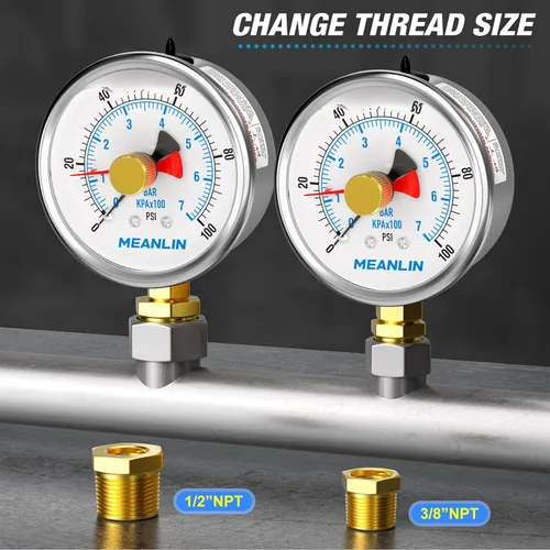 Miniatura 3 de MEANLIN MEASURE 0~100 Psi Manómetro de acero inoxidable con esfera de 2.5 pulgadas con puntero de reinicio, relleno de líquido, WOG para agua