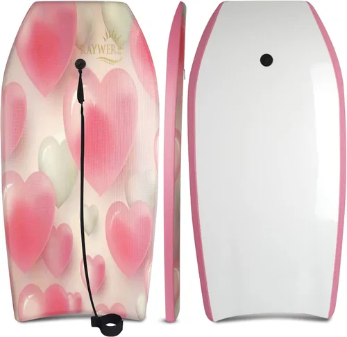 Tabla de Bodyboard ligera con núcleo EPS, base lisa de HDPE, amarradera y muñequera ajustable, excelente para surfear para niños y adultos Rosado