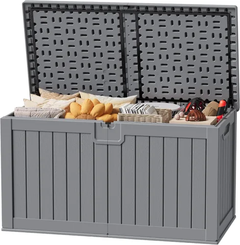 Miniatura 37 de JUMMICO Caja de resina de 31 galones, cajas de almacenamiento impermeables para interiores y exteriores para muebles de patio, cojines y Negro