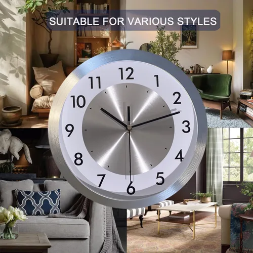 Miniatura 6 de Reloj de pared silencioso que funciona con pilas, moderno reloj de pared de metal decorativo para sala de estar, cocina, oficina, hogar, 12 pulgadas