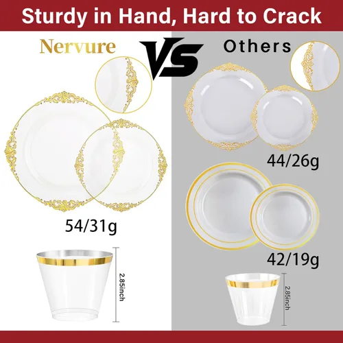 Miniatura 3 de Nervure 175 platos de plástico dorado transparente, platos desechables dorados para fiestas y servilletas preenrolladas con cubiertos para 25 Claro