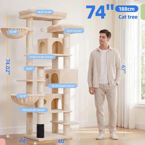 Miniatura 2 de Hey-brother Árbol de Gato, torre de gato de varios niveles XL de 74 pulgadas para gatos de interior con tres condominios para gatos, dos plataformas