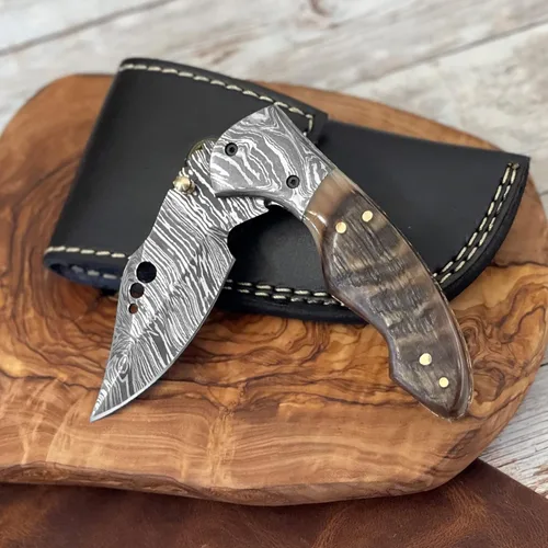 Miniatura 5 de Cuchillo de bolsillo de acero damasceno WINTERFELL para hombres con funda de cuero, cuchillos de caza plegables hechos a mano de 7 pulgadas, mango