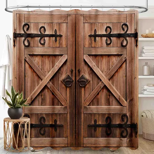 Miniatura 8 de Cortina de ducha de madera estilo granja para baño, tablero de madera marrón rústica con versículo bíblico y cruz, casa de campo rural, granero