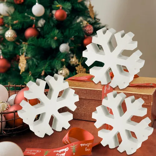 Blulu 3 piezas de decoración de copo de nieve de madera 3D blanco copo de nieve de mesa y centro de mesa decoración de madera de invierno para