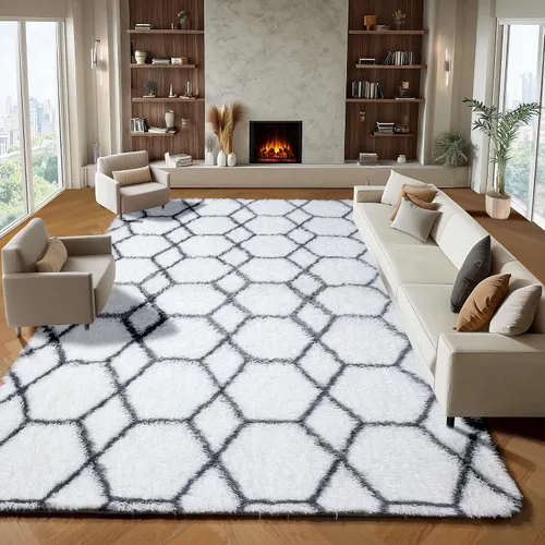 Miniatura 59 de ONASAR Alfombras de área para sala de estar y dormitorio, alfombra esponjosa lavable de 5x8 pies gris y blanca, alfombra de piso suave, afelpada