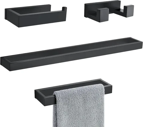 Lairuier Juego de 4 piezas de barra de toallas de baño, juego de accesorios de baño en negro mate que incluye barra de toallas, soporte de toallas,