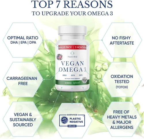 Miniatura 2 de TAHIRO Cápsulas blandas veganas de omega-3 - Suplemento a base de plantas con DPA, DHA y EPA - Nutrientes para hombres, mujeres y mujeres