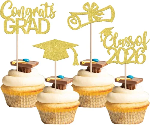Miniatura 20 de Rsstarxi Paquete de 24 adornos para cupcakes de graduación 2026, con purpurina azul, para la clase de 2026, para diplomas, 24 piezas (6 diseños)