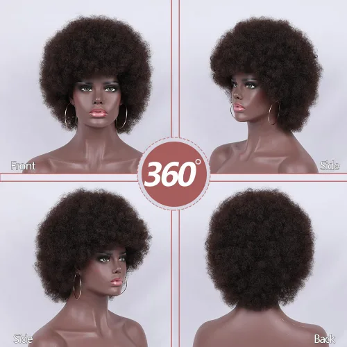 Miniatura 4 de Pelucas cortas y rizadas con flequillo para mujeres negras, peluca rizada afro afro, cabello sintético suave resistente al calor, peluca de aspecto
