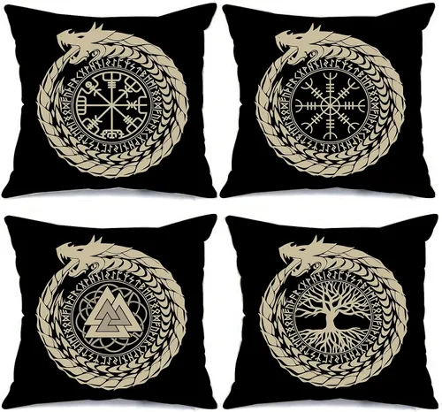 Nordics Vikings Runes - Juego de 4 fundas de almohada con diseño de árbol de la vida, dragón de fantasía nórdica, brújula rúnica, vegvisir, para