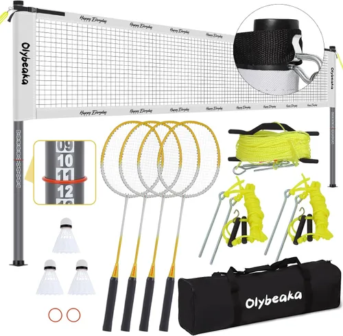 Juego de bádminton para exteriores de 20 pies con red para patio trasero, césped, playa, sistema de red de bádminton portátil con 4 raquetas de
