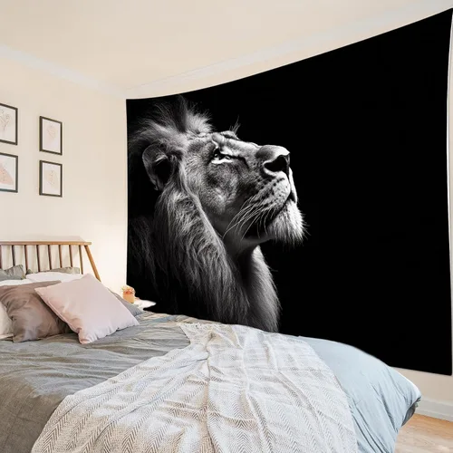 Miniatura 5 de LB Tapiz de león con animales salvajes, león africano, blanco y negro, gris, para colgar en la pared, dormitorio, sala de estar, dormitorio, arte