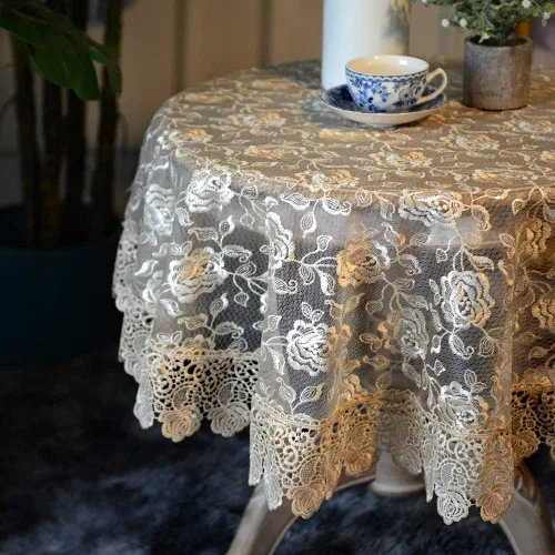 Miniatura 4 de SUTAVIA Mantel redondo de encaje con flores doradas de rosa, cubierta de mesa de café clásica a prueba de polvo, protector de mesa para comedor