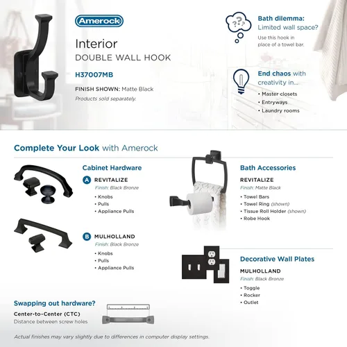 Miniatura 5 de Amerock H37007MB Gancho Decorativo de Pared Alder de Doble Púa Gancho Negro Mate para Abrigos, Sombreros, Mochilas, Bolsas Ganchos para Baño