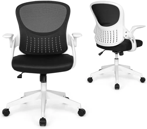 CAPHAUS Silla de oficina ergonómica abatible, silla de escritorio acolchada de malla transpirable, soporte lumbar, silla giratoria con ruedas, Blanco