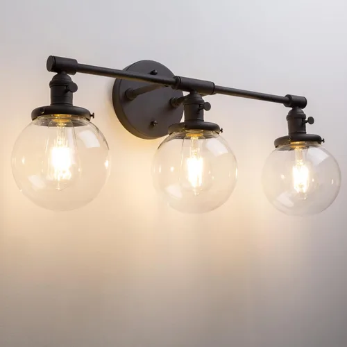 Miniatura 17 de PERMO Iluminación de candelabro de pared industrial vintage con sombra de globo de vidrio transparente redondo de 5,9" soplado a mano (Negro)