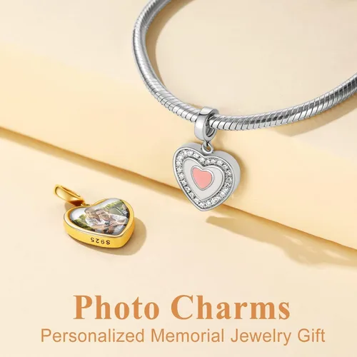 Miniatura 45 de Custom4U Photo Charms for Bracelets 925 Sterling Silver/Gold Plated Heart/Tree of Life/Round Charm Bead Personalized with Picture Custom