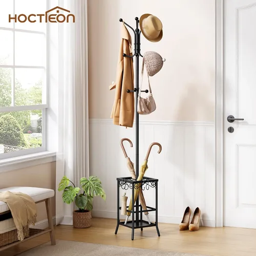Miniatura 2 de Hoctieon Perchero independiente, Perchero con soporte para paraguas, perchero de metal con 12 ganchos, soporte para colgar abrigos de pie, soporte