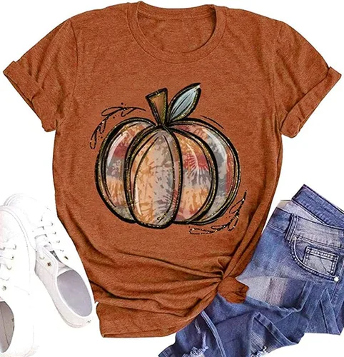Miniatura 12 de Woffccrd - Camisetas divertidas con estampado de calabaza y leopardo para mujer, camisetas gráficas de manga corta de Halloween para mujer