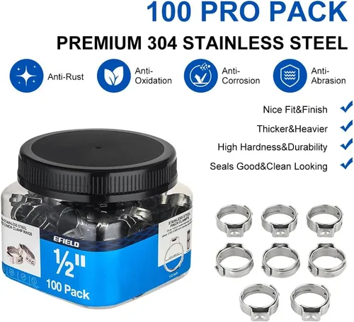 Miniatura 2 de EFIELD - Paquete de 100 anillos de abrazadera de acero inoxidable de 1/2 pulgada para tubos Pex (CLAMP017)