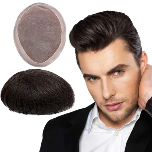 Miniatura 22 de Toupee - Sistema de reemplazo de cabello humano virgen europeo de 7 x 9 pulgadas para hombre, postizo de encaje mono con poliuretano duradero #2