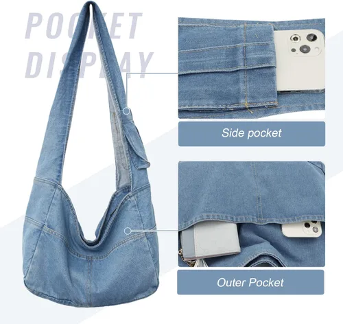 Miniatura 3 de Bolsas de mezclilla estilo hobo para mujer, estilo retro, para el hombro, estilo casual, para adolescentes, niñas
