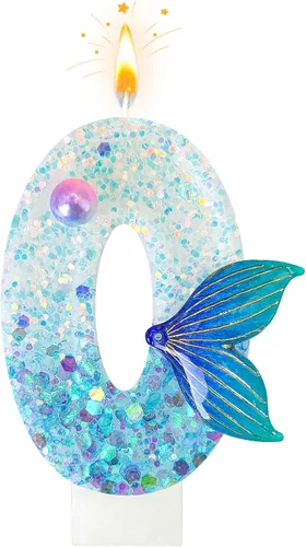 Miniatura 12 de Vela de sirena número 3, decoración de pastel de cola de sirena azul para decoración de fiesta de cumpleaños y aniversario de niñas (número 3)