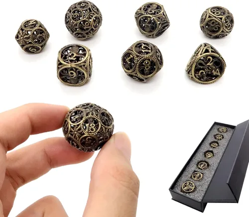 Miniatura 16 de Dados DND, dados de metal huecos D&D, juego de dados de mazmorras y dragones con caja de regalo, 7 piezas de juegos de dados poliédricos steampunk