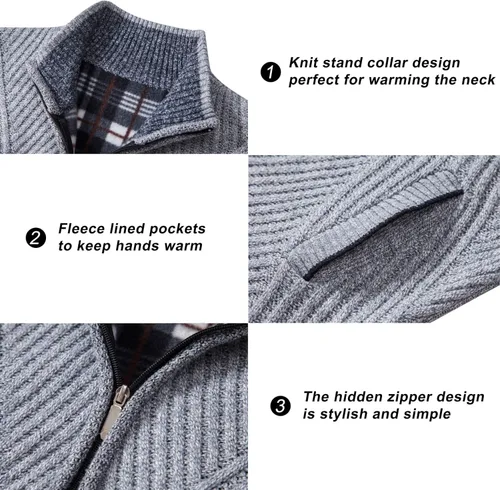 Miniatura 27 de VtuAOL Suéteres tipo cárdigan para hombre, con cremallera completa, cuello alto, cárdigan de punto casual con bolsillos