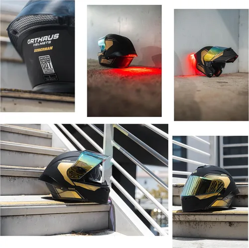 Miniatura 7 de Orthrus Casco modular LED para motocicleta de cara completa - Aprobado por el DOT, con visor abatible doble, protector solar y listo para Bluetooth