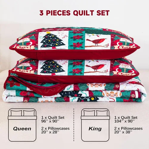 Miniatura 7 de WONGS BEDDING Juego de edredón de Navidad tamaño Queen, juego de ropa de cama con estampado de Papá Noel, alce, copo de nieve y árbol de Navidad